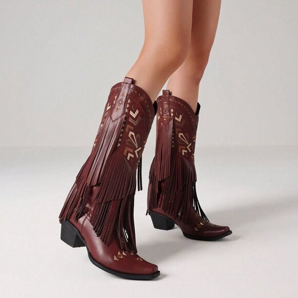 Burgundy Bohemian Women's Cowgirl Western Boots Fringe Tassel Chunky High Heels - Picture 3 of 6